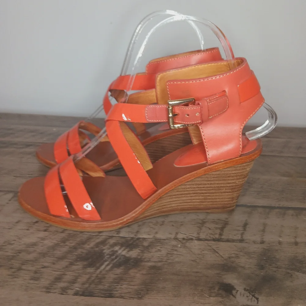 Coach Prue Patent and Leather Cross Cross Wedge Sandal
